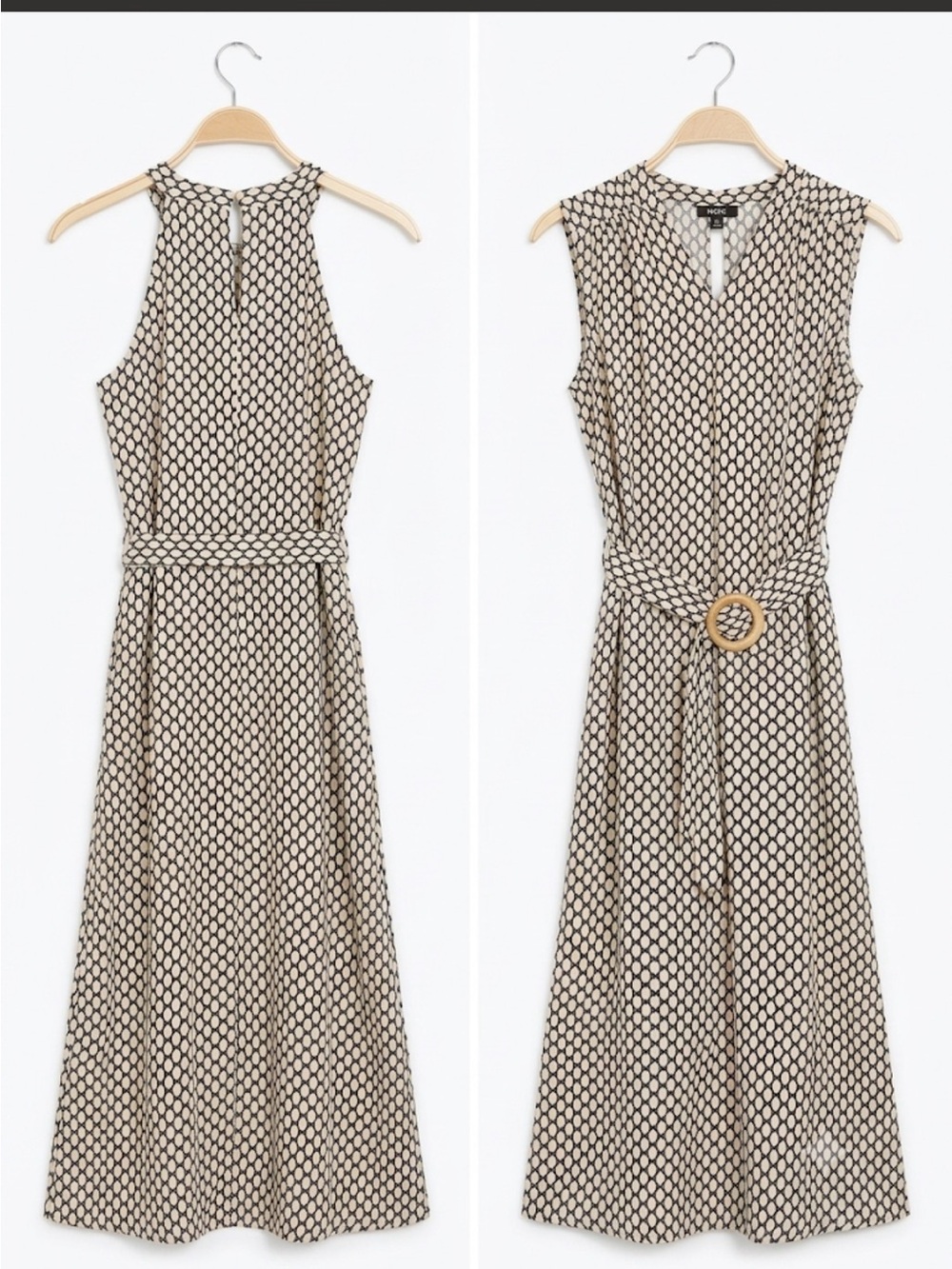 Mexx Beige and Black Sleeveless Belted Midi Dress